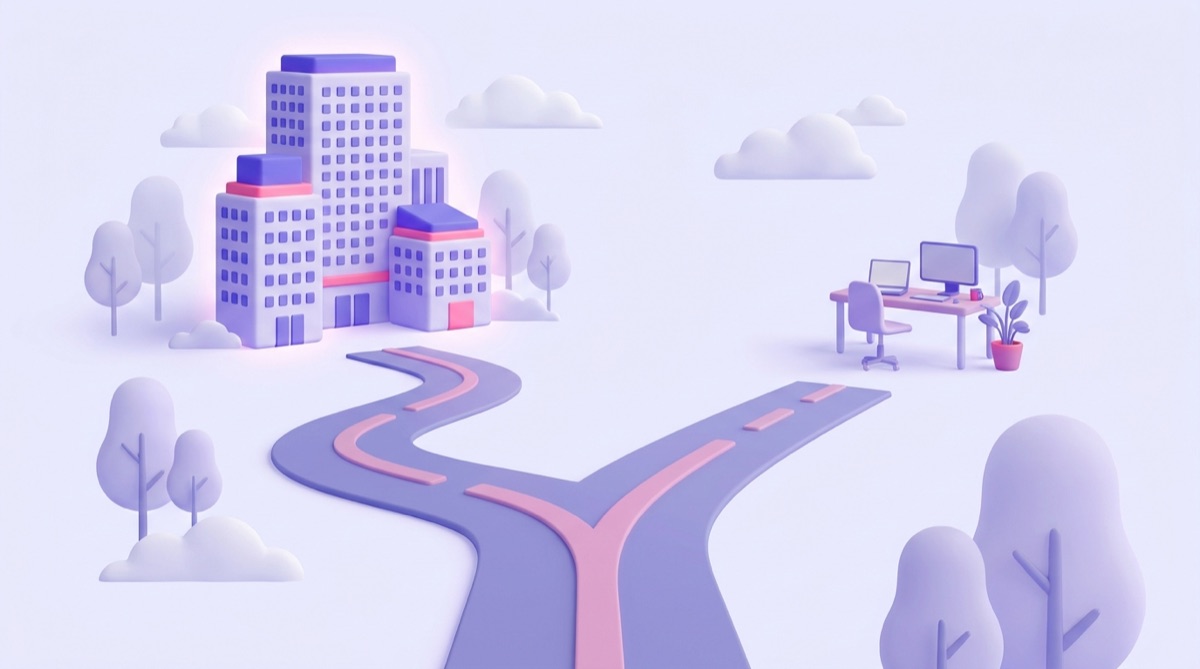Illustration : une route qui se sépare en deux, l'une menant à un grand immeuble de bureaux, l'autre à un bureau individuel, symbolisant le choix entre une agence SEO et un freelance.