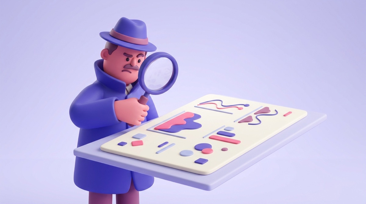 Illustration : personnage examinant à la loupe un rapport SEO aux graphiques flous