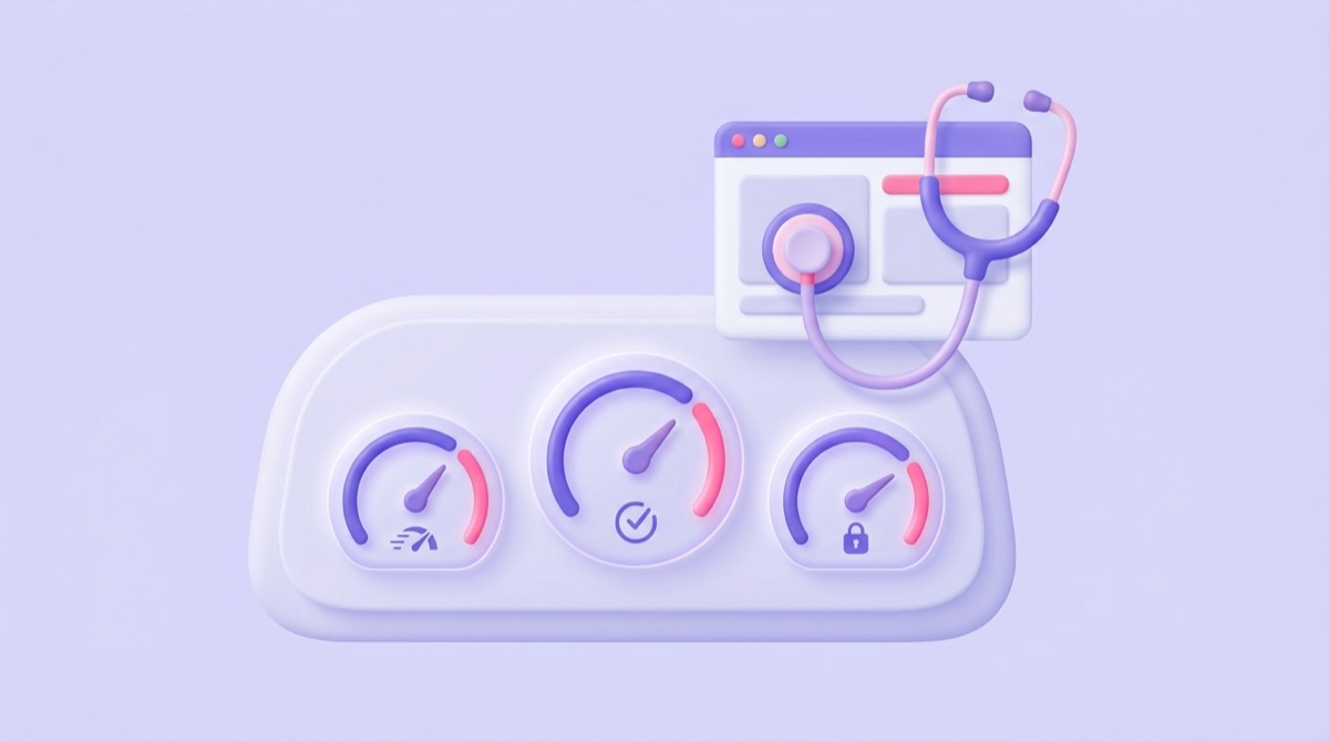 Illustration : tableau de bord avec jauges de santé d'un site web et stéthoscope posé sur une page