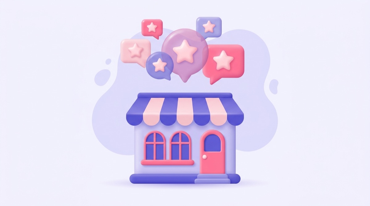 Illustration : une petite boutique de quartier surmontée de bulles de dialogue contenant des étoiles, symbolisant les avis clients
