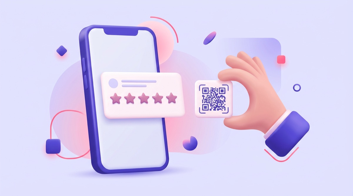Illustration : un smartphone affichant une fiche d'avis cinq étoiles à côté d'une main tendant une carte avec un QR code