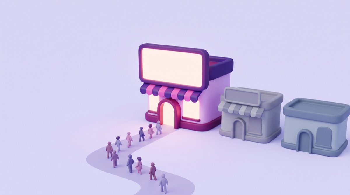 Illustration : une petite boutique rose à l'enseigne lumineuse attire une file de passants, tandis que deux commerces gris voisins restent vides