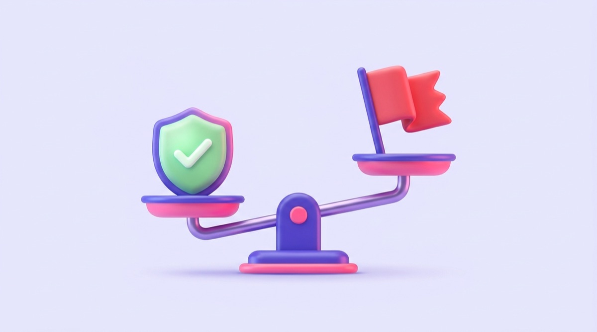 Illustration : une balance mettant en regard un bouclier avec une coche verte et un drapeau d alerte rouge, symbolisant les bonnes clauses et les clauses à fuir d un contrat SEO.