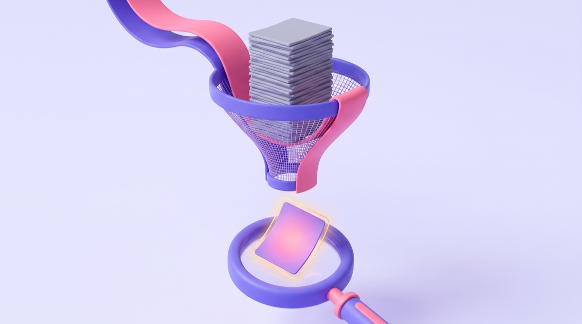 Illustration : un entonnoir filtre une pile de pages grises identiques et ne laisse passer qu'une seule page lumineuse vers une loupe
