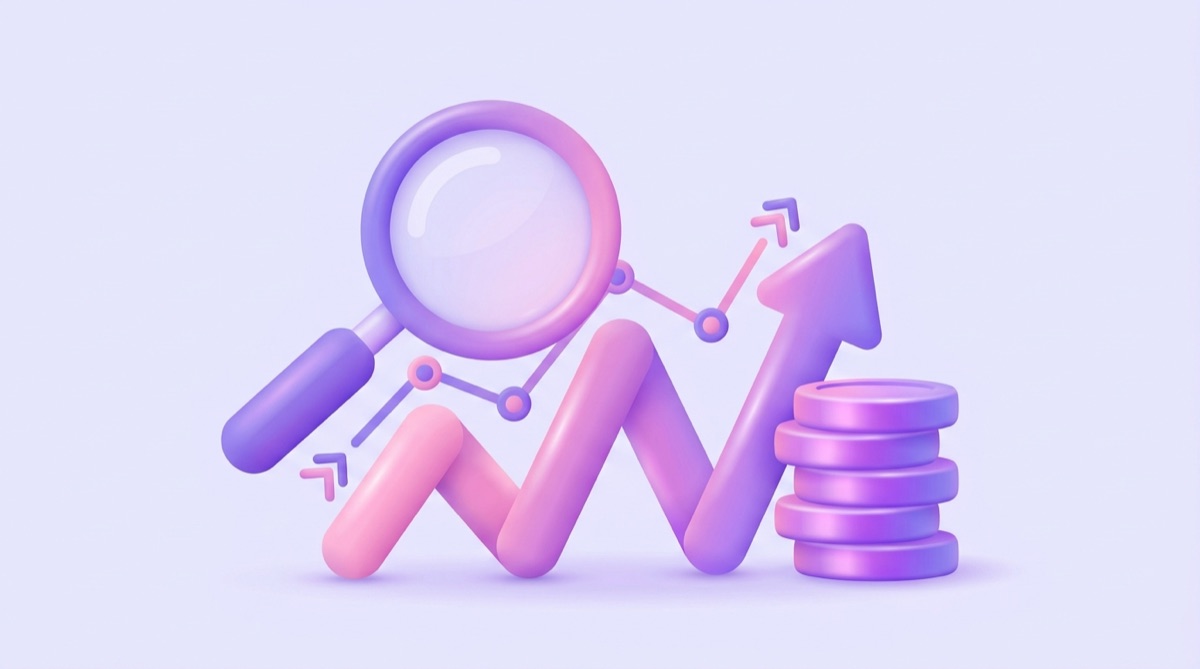 Illustration : une loupe examine une courbe de croissance qui aboutit à une pile de pièces, symbole de la mesure du retour sur investissement du SEO