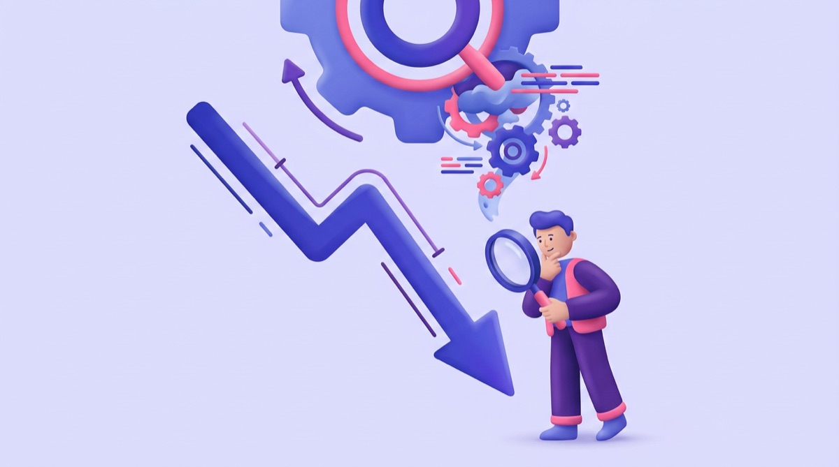 Illustration : une grande flèche descendante symbolise la chute des positions, tandis qu'une personne l'observe à la loupe sous des rouages représentant l'algorithme de Google