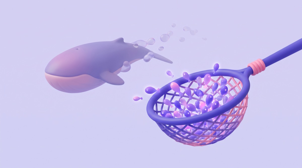 Illustration : un petit filet qui capture de nombreux poissons pendant qu'une baleine s'éloigne