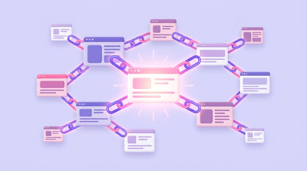 Illustration : réseau de pages web reliées entre elles par des maillons lumineux, symbole du netlinking