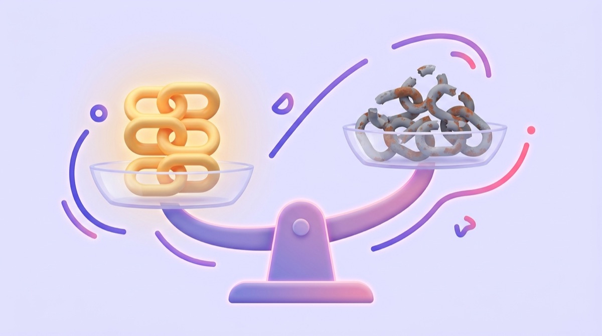 Illustration : balance comparant des liens dorés solides et des liens gris cassés, bons et mauvais backlinks