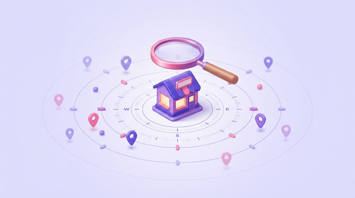 Illustration : une loupe au-dessus d'un commerce entouré de cercles de distance concentriques et de repères de localisation qui s'éloignent