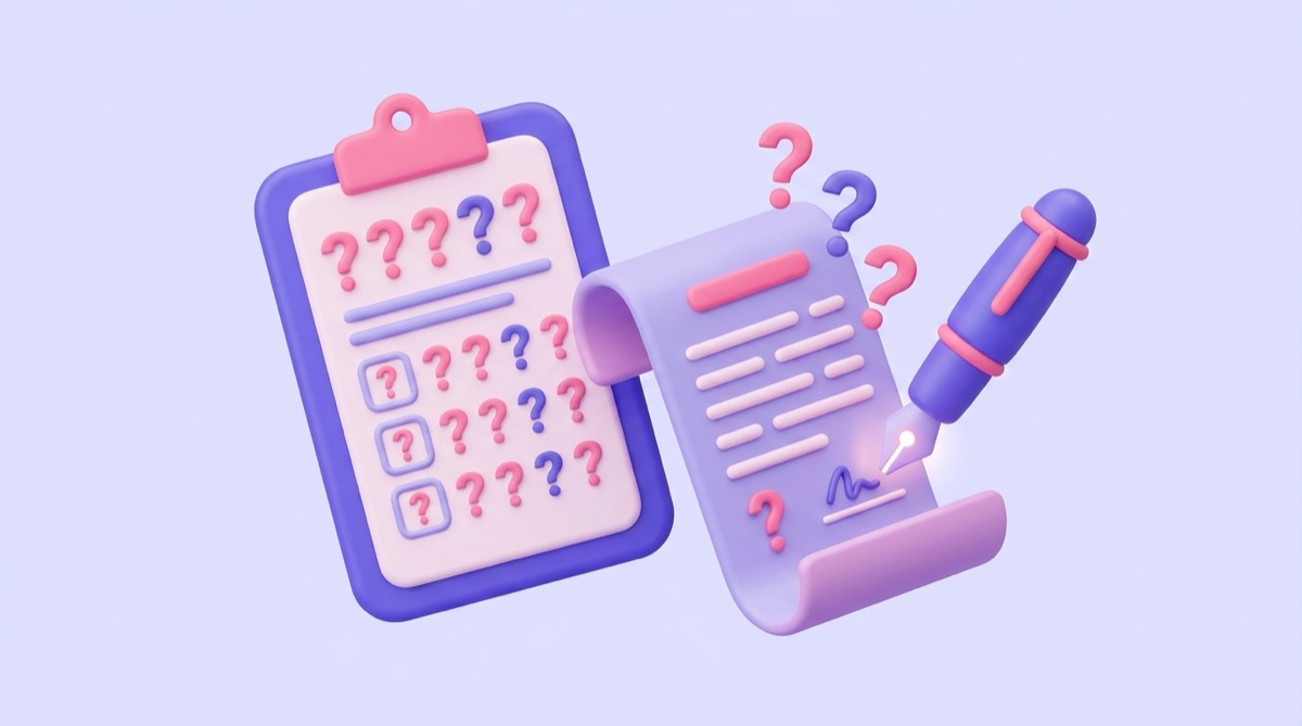Illustration : un porte-bloc rempli de points d'interrogation à côté d'un contrat et d'un stylo, symbolisant les questions à poser avant de signer avec une agence SEO.