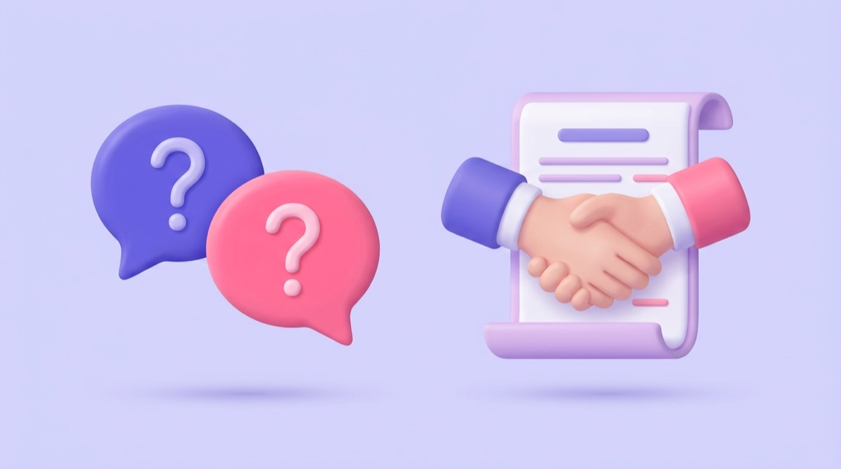 Illustration : deux bulles de dialogue avec des points d'interrogation face à une poignée de main au-dessus d'un contrat, symbolisant le dialogue avec une agence SEO.