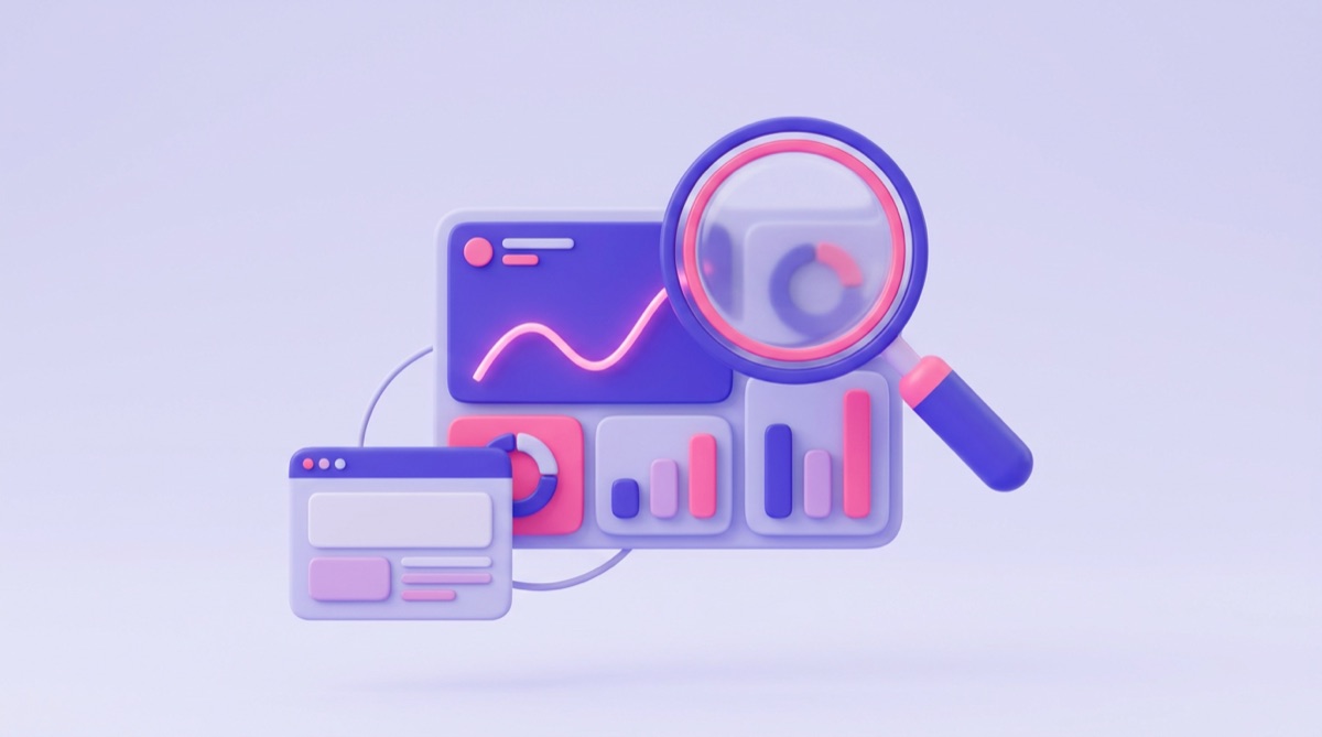 Illustration : une loupe posée sur un tableau de bord d'analyse affichant une courbe et des histogrammes, relié à une fenêtre de site web