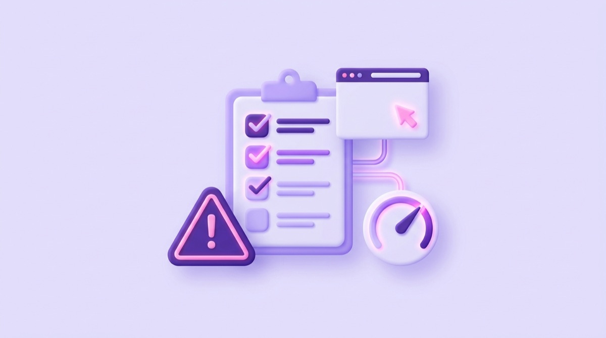 Illustration : une liste de contrôle aux cases cochées entre un panneau d'avertissement et un cadran de performance relié à une fenêtre de navigateur