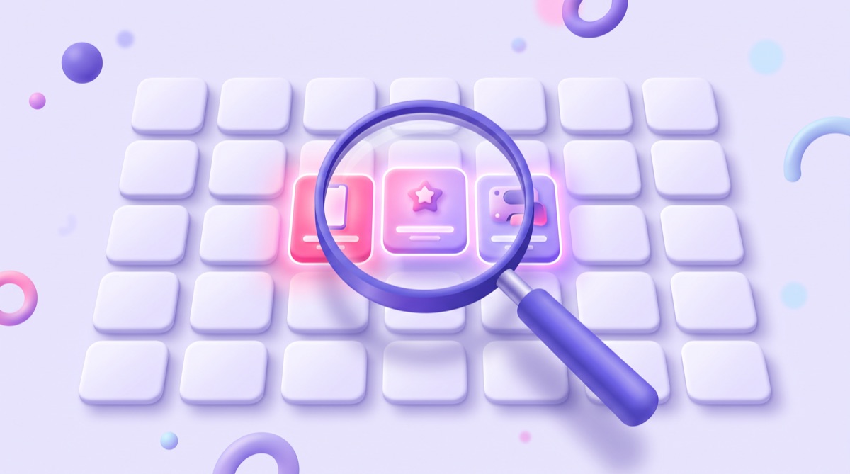 Illustration : une loupe survole une grille de fiches produits et met en évidence trois d'entre elles