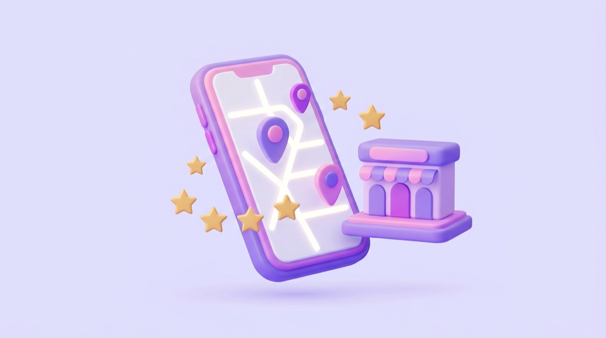 Illustration : smartphone affichant une carte locale avec des commerces et des avis cinq étoiles