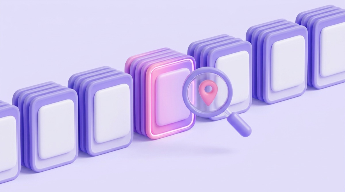 Illustration : une rangée de cartes identiques dont une seule se démarque en rose, observée à la loupe avec un repère de localisation