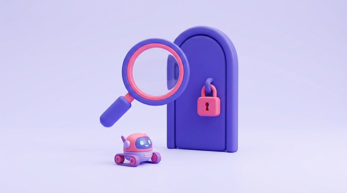 Illustration : une loupe et un petit robot d'exploration arrêtés devant une porte fermée par un cadenas