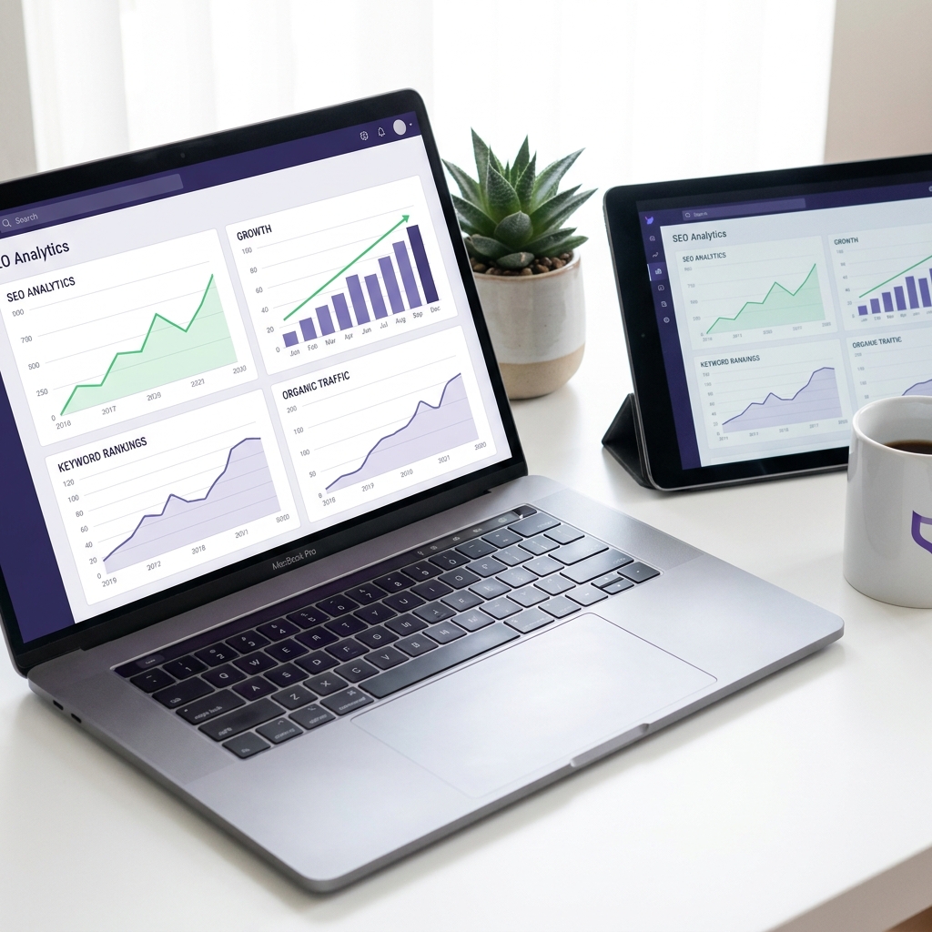 Tableau de bord SEO sur ordinateur portable montrant une croissance du trafic et des positions